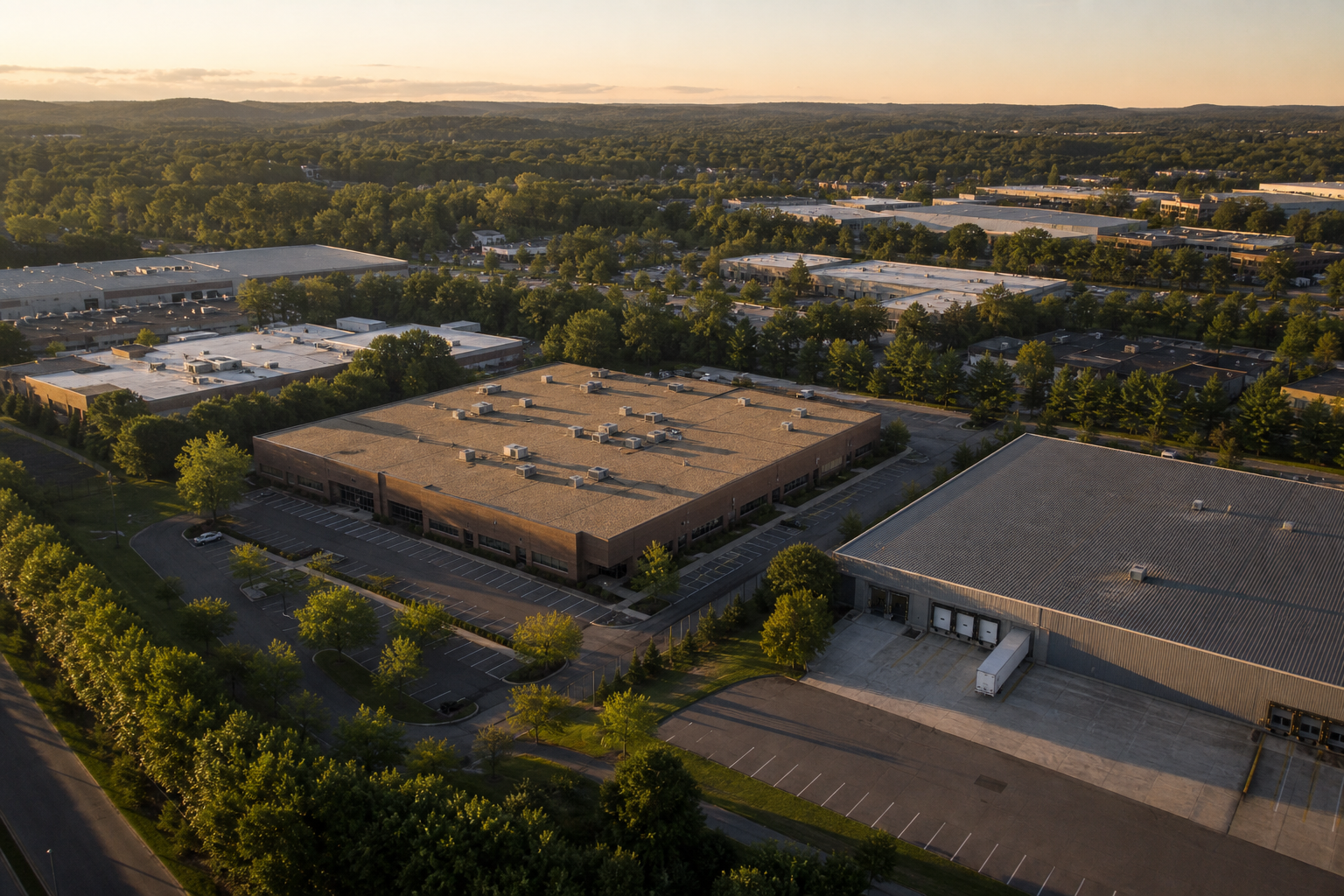 Depiction of office and warehouse campus aerial in Bergen County, New Jersey