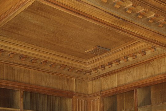 Coffered timber ceiling with carved dentil detail, built in-house