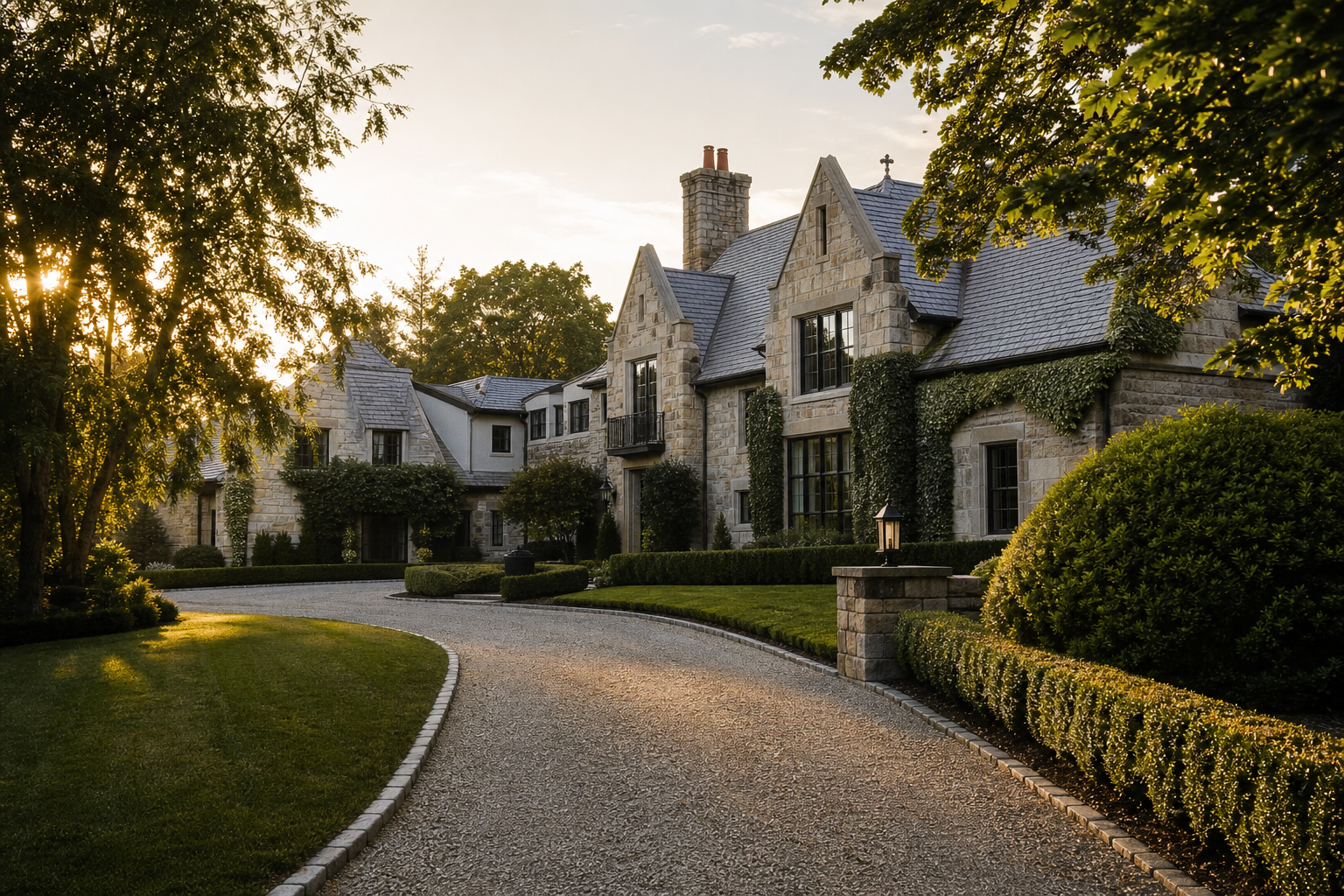 Depiction of landscaped estate drive at an Alliotts property in Bergen County, New Jersey