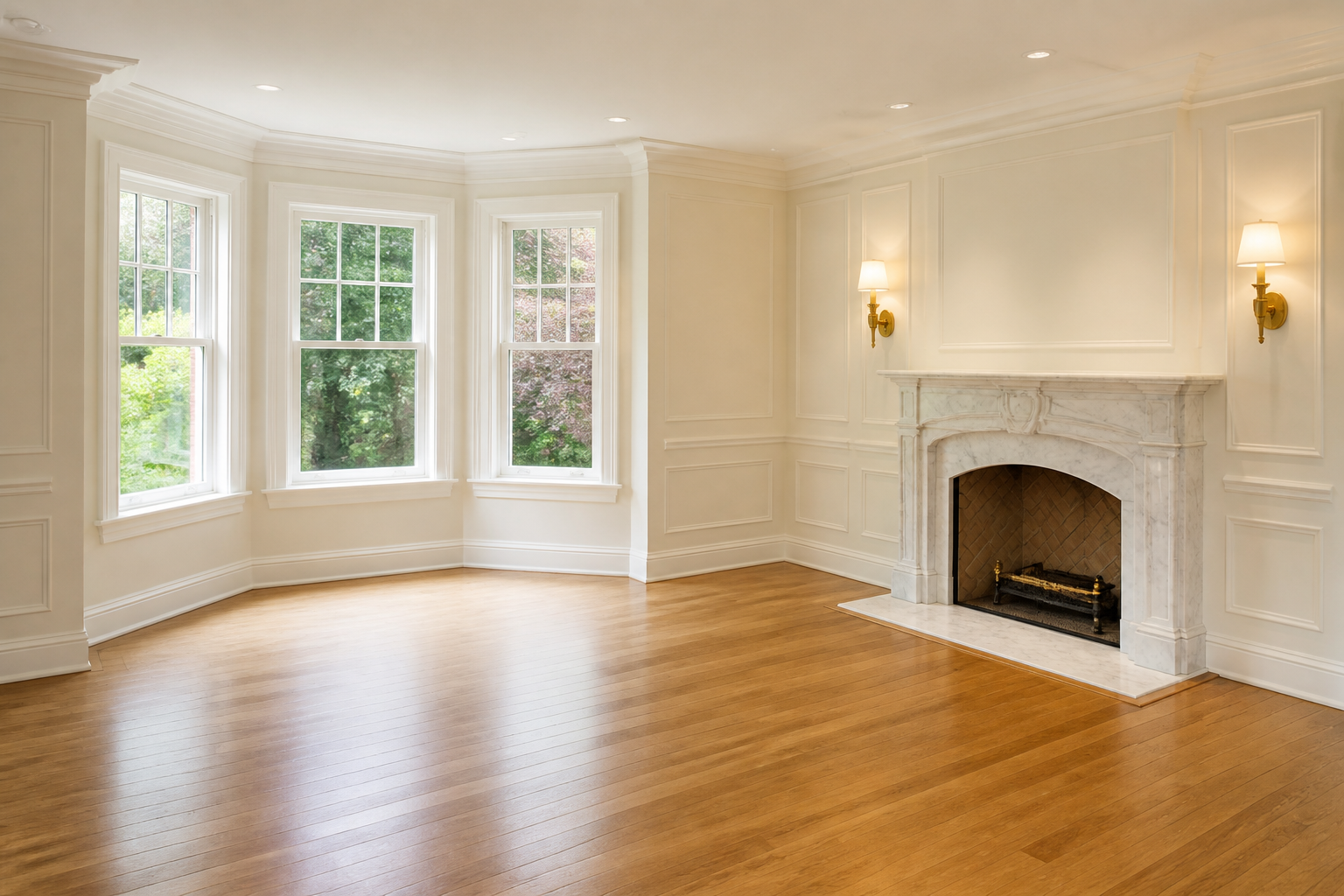 Depiction of warm luxury living room interior with oak floors and a marble fireplace