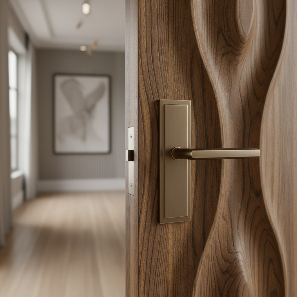 Here is the alt text for the image you provided: An open door with frame and handle or latch in a wood storefront. Or, In ...