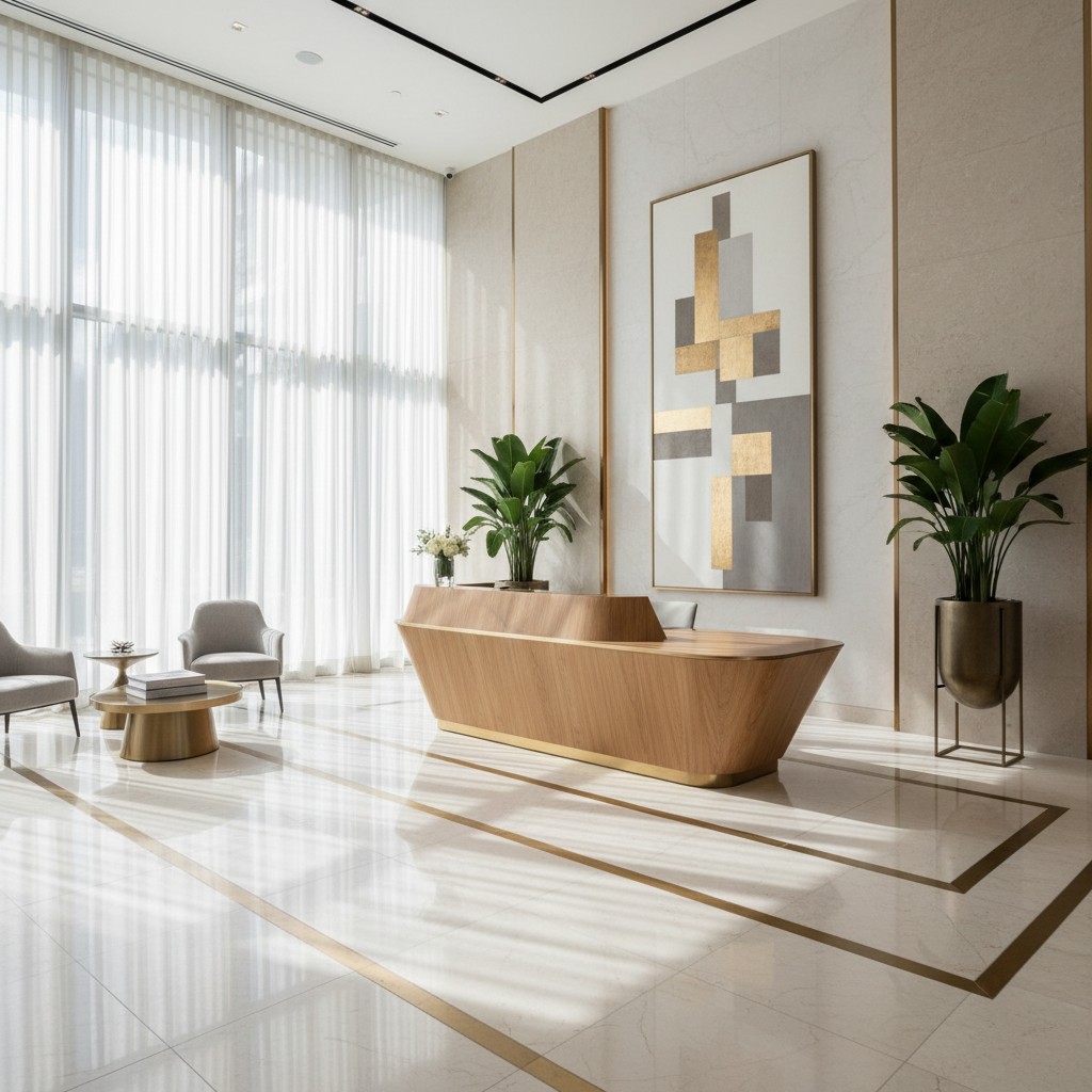 Modern lobby with white walls and floor, featuring a large window and plant decor.