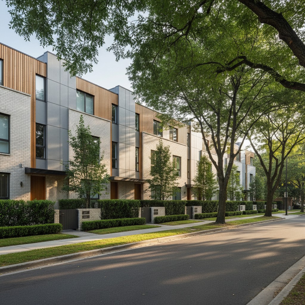 A modern row of townhouses with trees lining the street, suggesting a suburban setting.