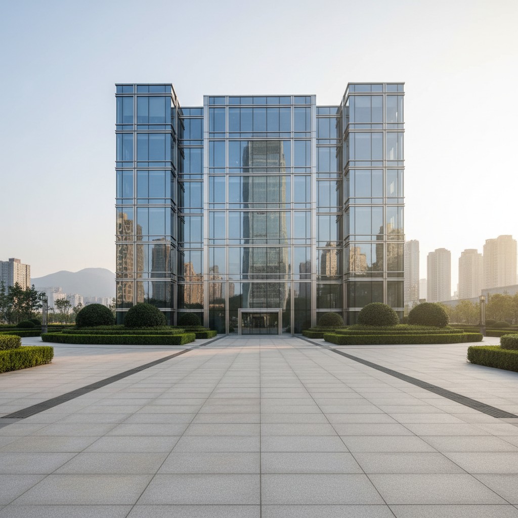A modern glass building with a clean, minimalist design in a well-manicured courtyard.